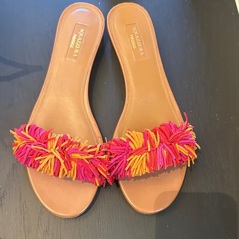Aquazurra Colorful Fringe Slide Sandals
